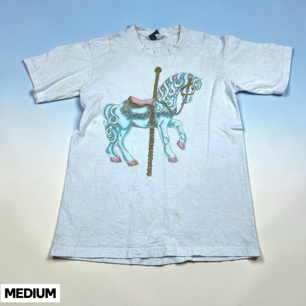 VINTAGE Diamond Dust Carousel‎ Horse T-shirt Women MED USA 90s Single Stitch